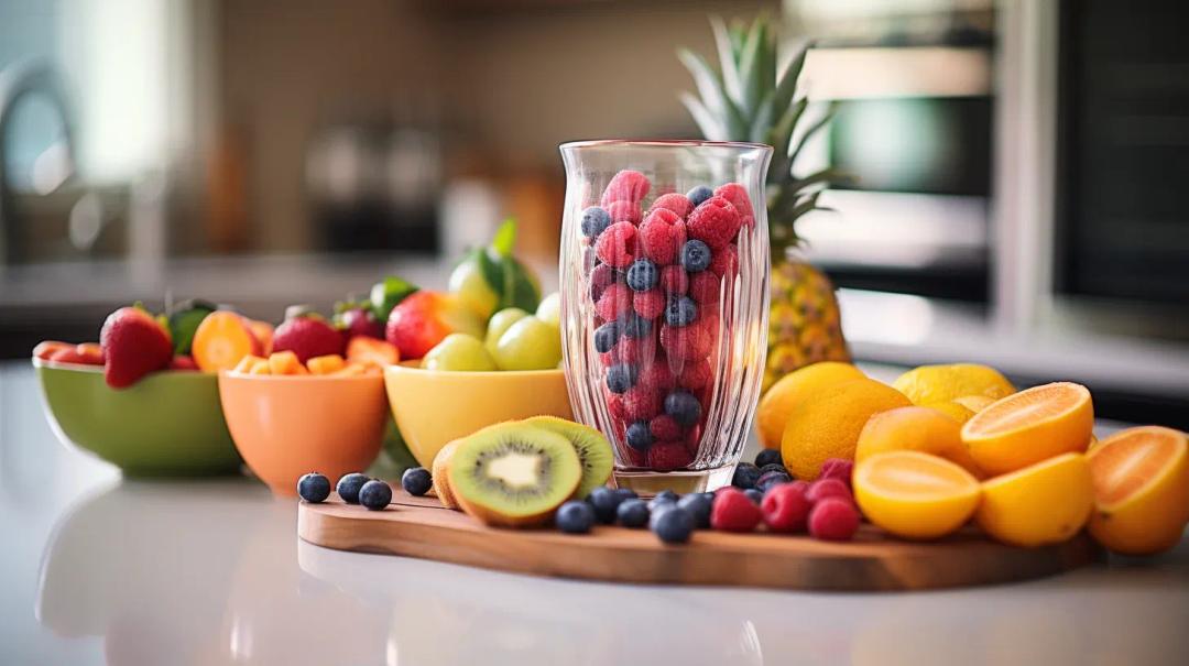 blender en keukenmachine naast elkaar op keukenblad omringt door fruit