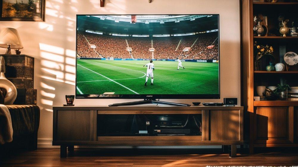 Tv op een houten tv-kast met een voetbalwedstrijd op het scherm
