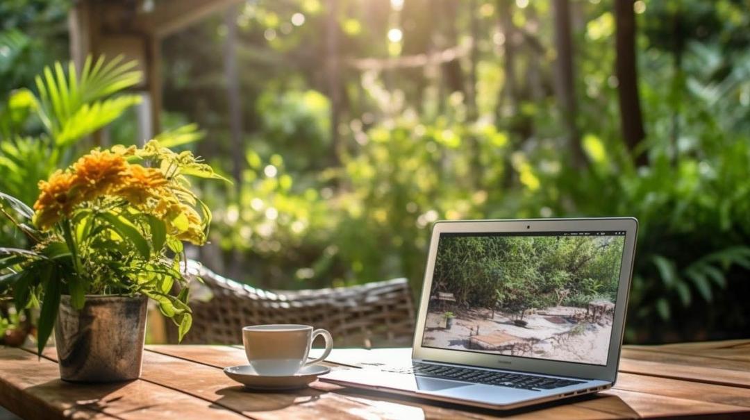 laptop in een tuinsetting met groen op de achtergrond.jpg