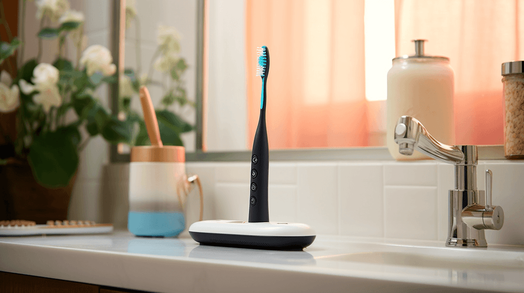 Een zwarte elektrische tandenborstel staat bij een wasbak in een moderne keuken