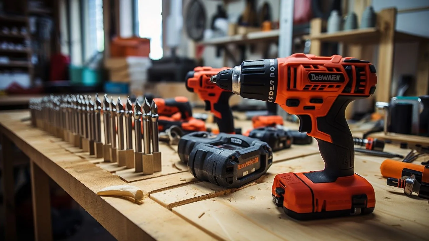 Accuboormachine en verschillende boren op een houten ondergrond