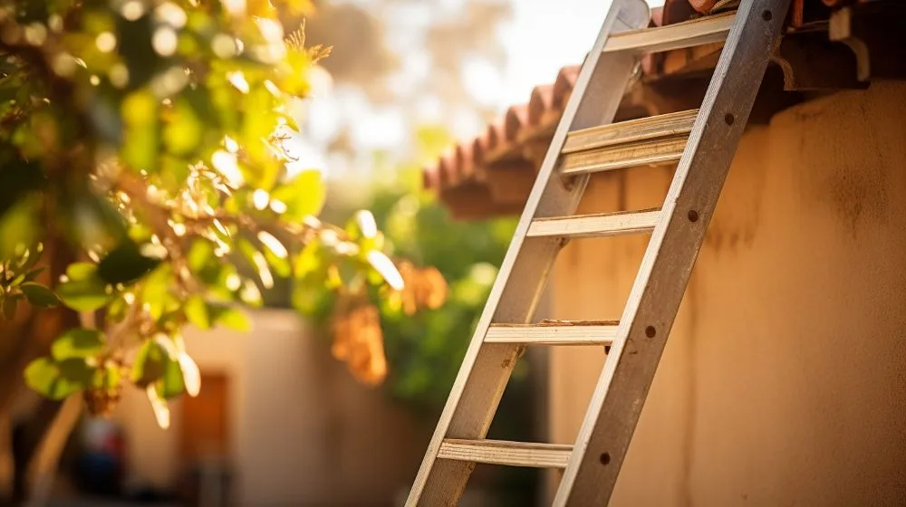 Een ladder leunt tegen de zijkant van een huis aan met een boom ernaast