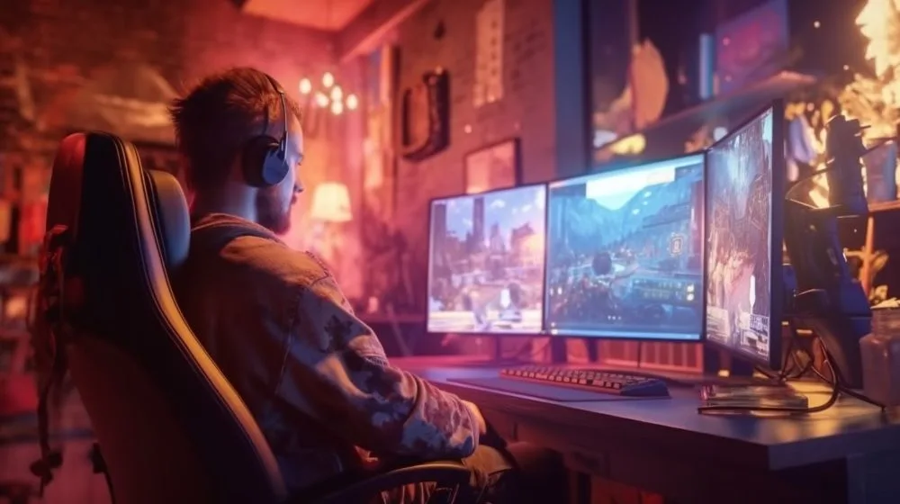 Gamer zit voor drie schermen te kijken naar een stream