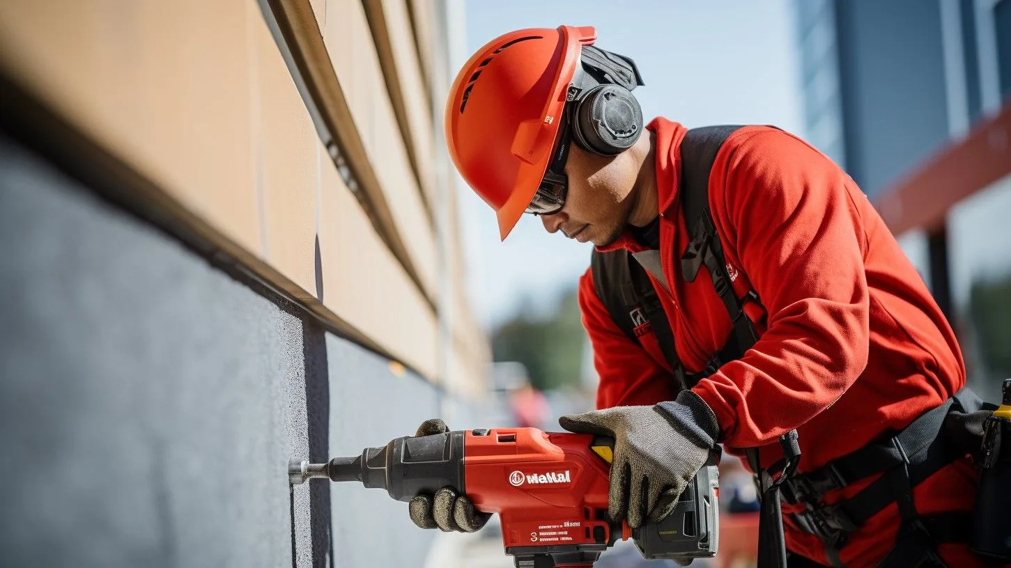 Man boort met een krachtige boormachine in een betonnen muur