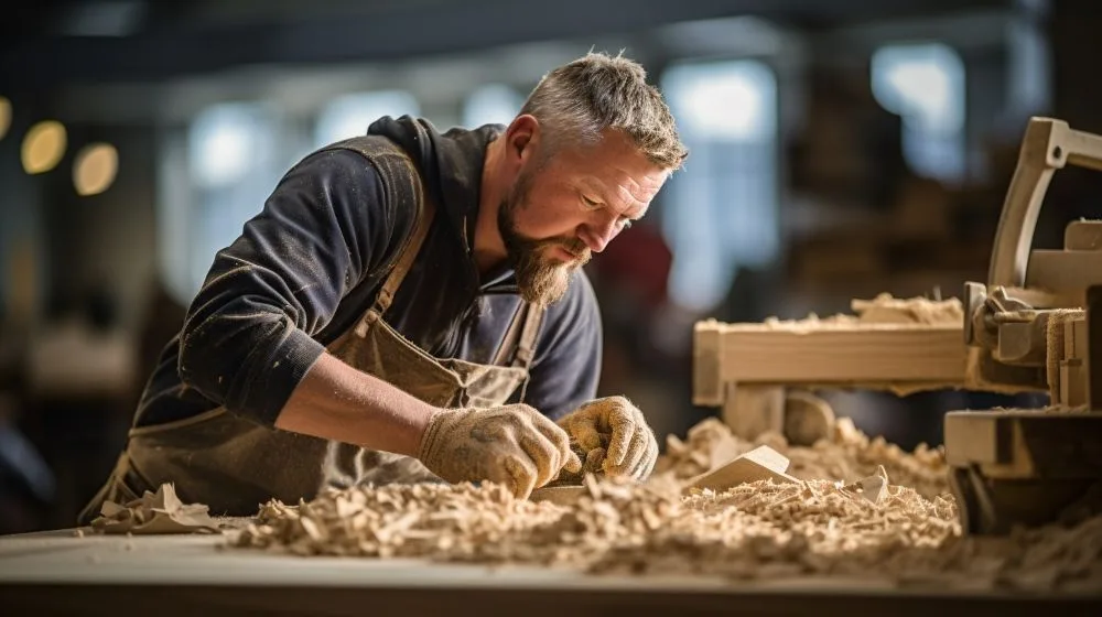 Man is hout aan het schaven met allerlei houtkrullen op de werktafel