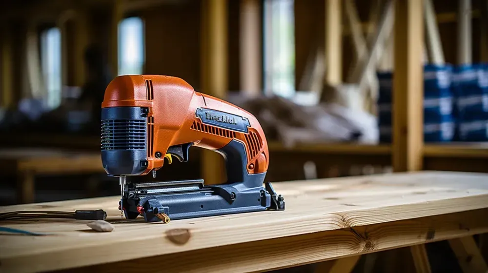 Oranje tacker op een houten werkblad