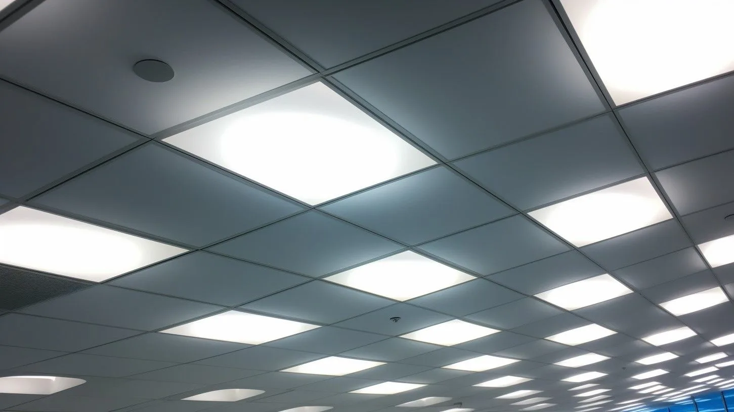 Plafond bestaande uit ledlampen en plafondplaten
