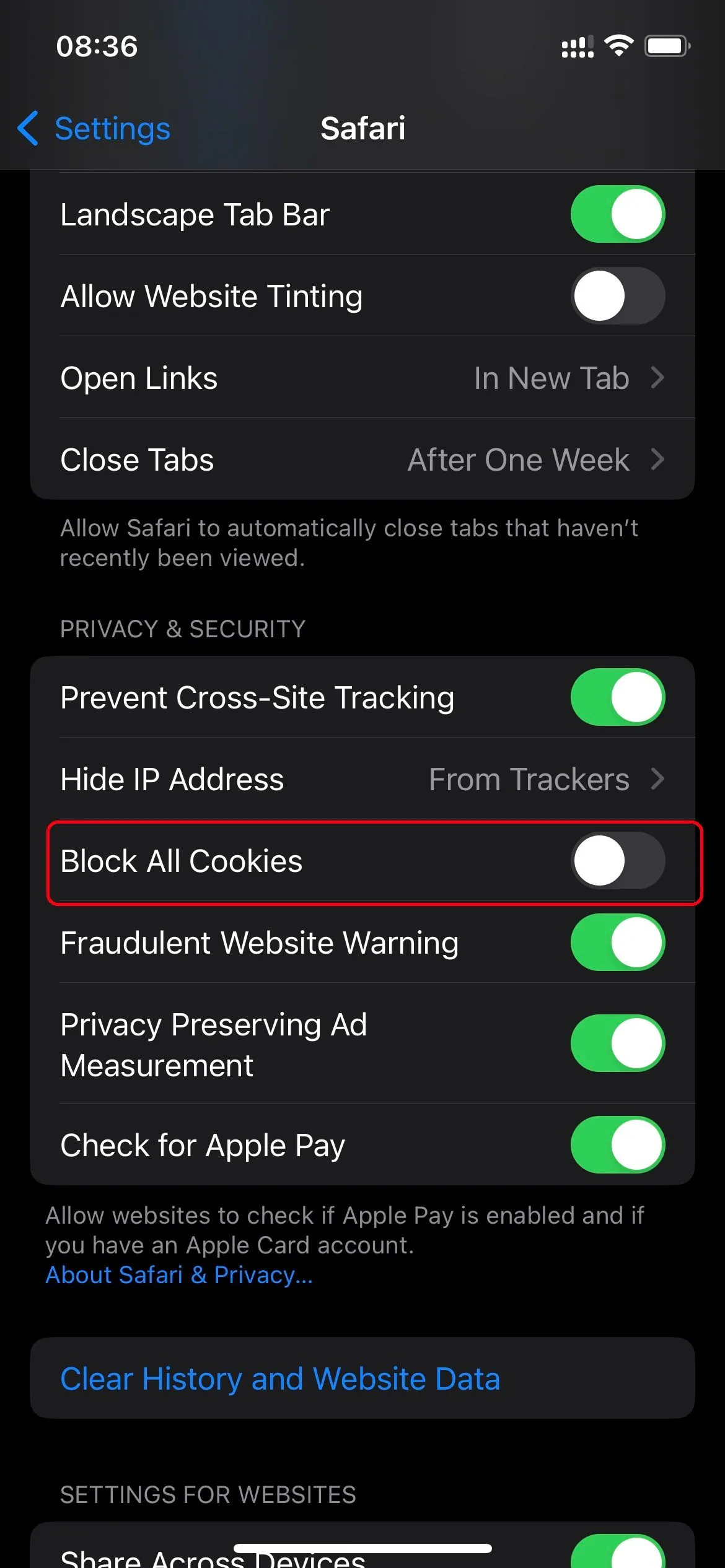 Screenshot iPhone safari-instellingen met een highlight om de optie om cookies te weigeren