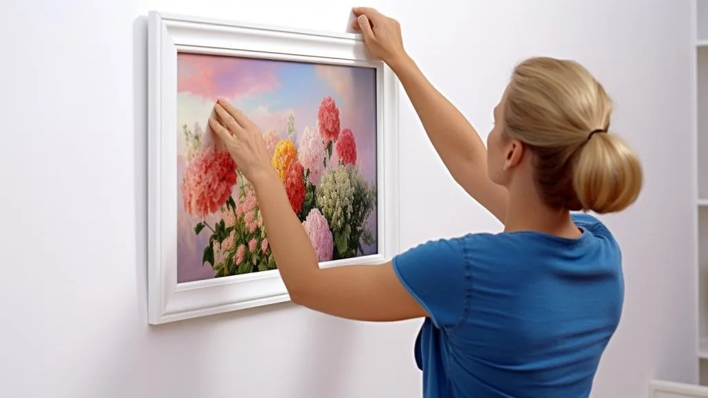 Vrouw hangt een schilderij op aan een witte muur