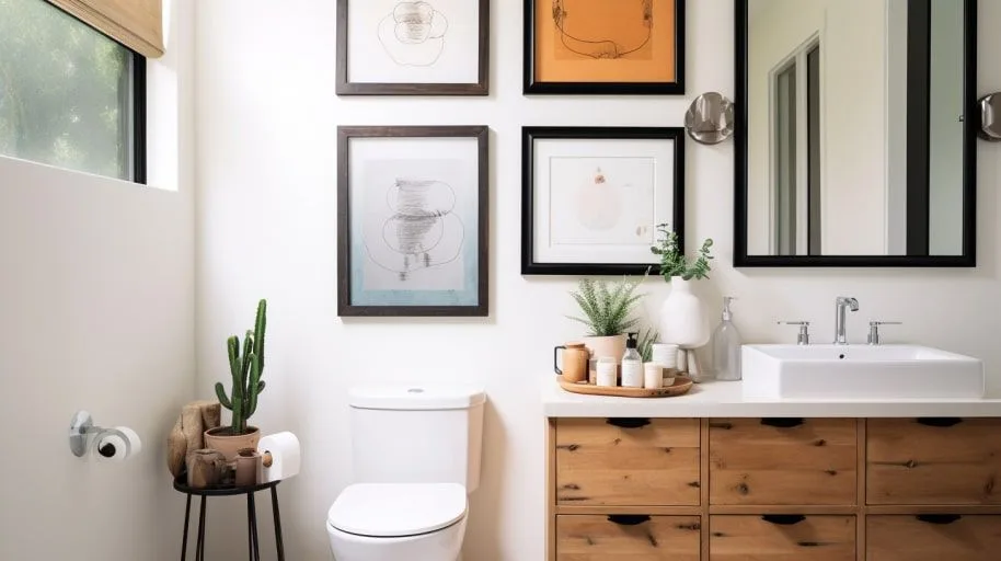 Badkamer met toilet en schilderijtjes aan de muur