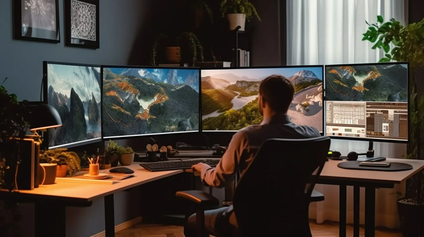Man aan bureau met vier monitoren, achteraanzicht
