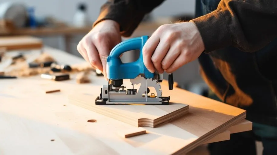 Iemand gebruik een decoupeerzaag op een stuk hout