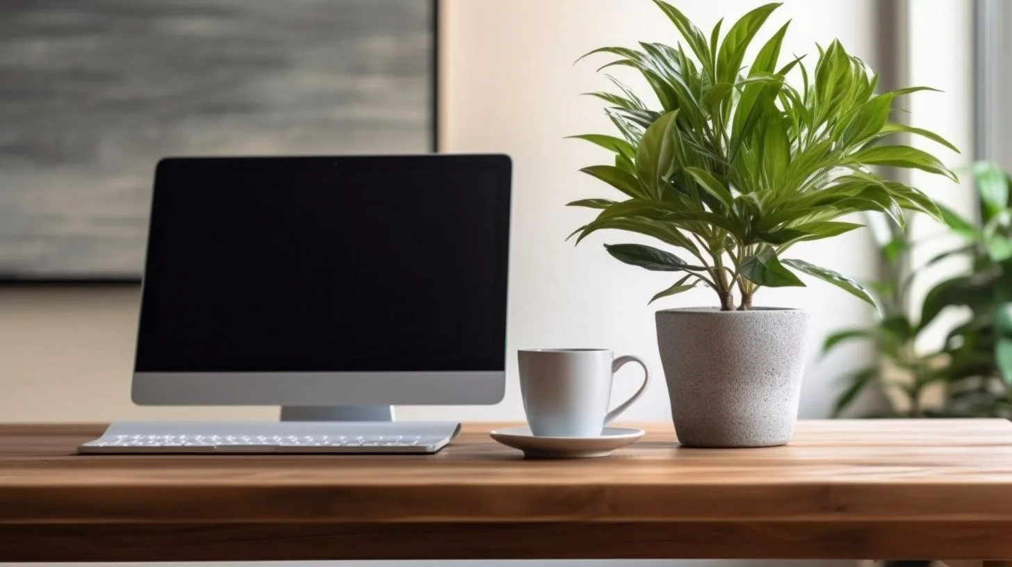 computer met plant en kopje ernaast