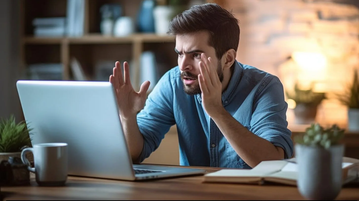 Gefrustreerd persoon bij een laptop