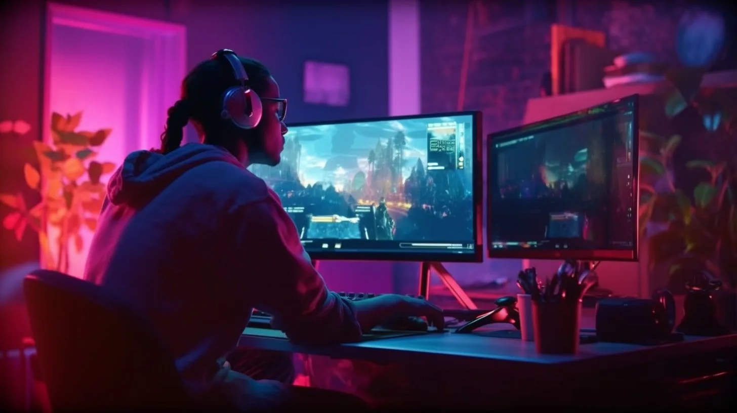 Gamer achter twee monitoren aan het gamen