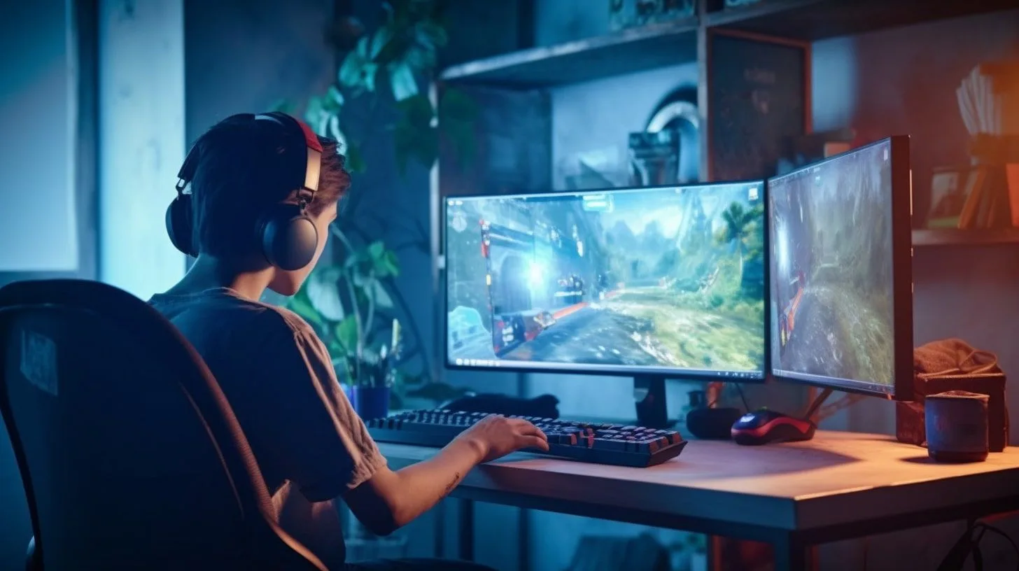 Persoon aan het gamen aan bureau, achteraanzicht