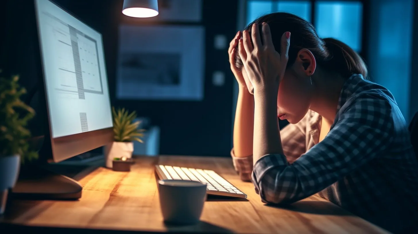 Persoon met handen op het hoofd bij een computer