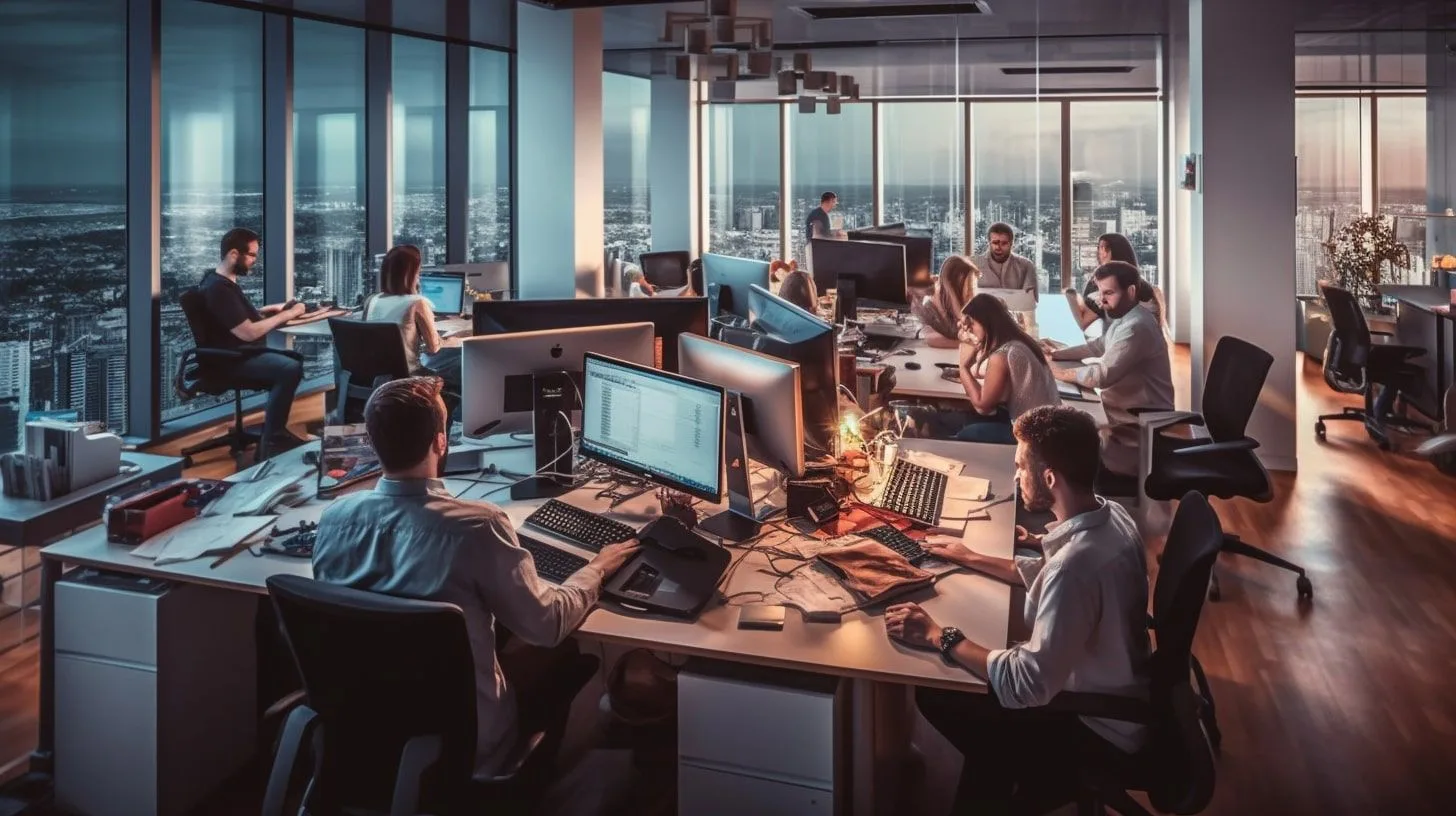 druk kantoor met mensen aan bureaus met computers, schuin bovenaanzicht