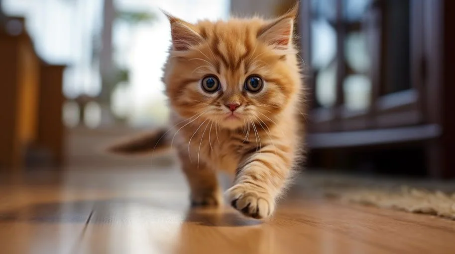 Kitten loopt door kamer en kijkt in de camera