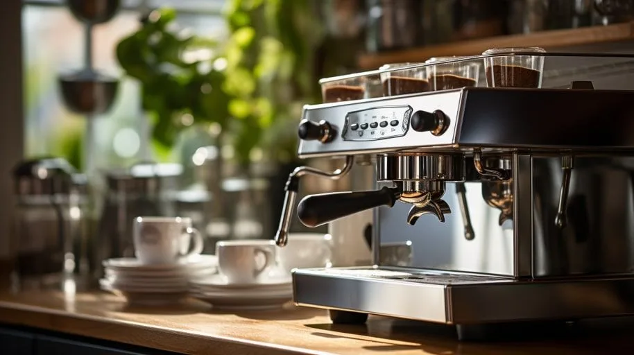 Koffiemachine met kopjes ernaast
