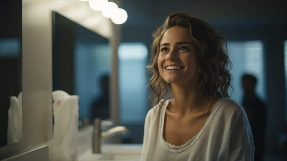 Lachende vrouw in badkamer