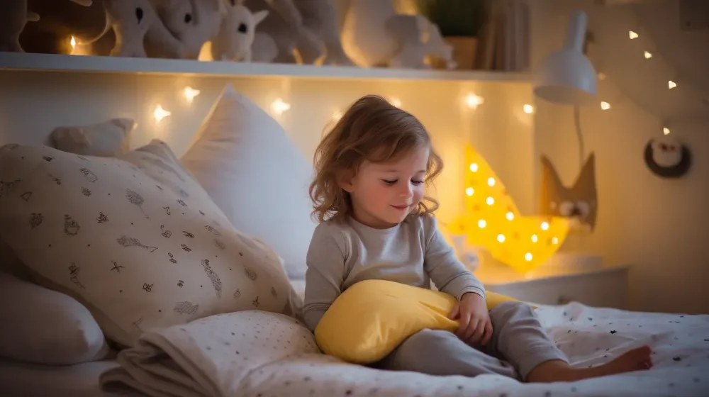 Kindje zit met een glimlach op een bed. Achter het bed is een plank met knuffels en lichtjes