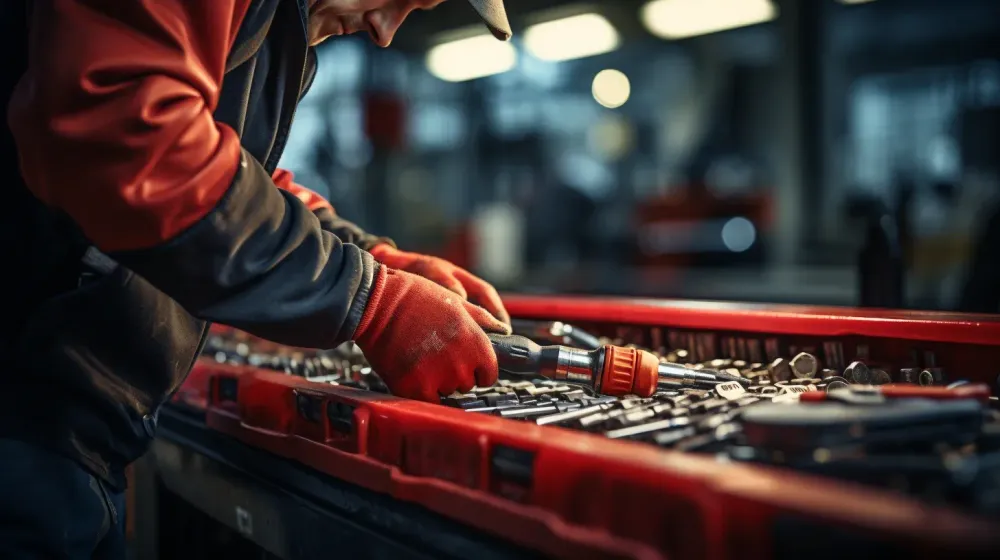 persoon inspecteert werkbank met gereedschap
