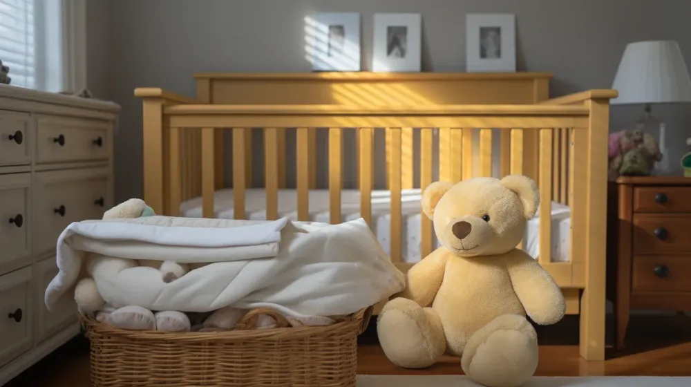 Kinderbedje met daarvoor een knuffel en een wasmand met beddengoed