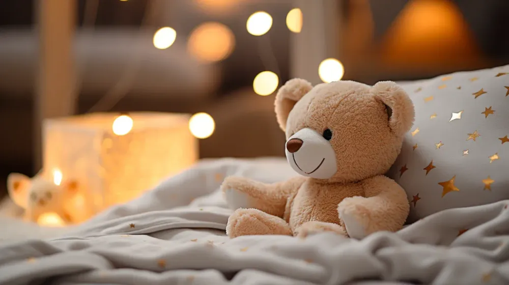 Teddybeer in een kinderbedje
