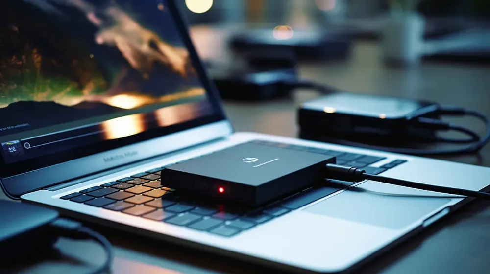Usb harde ligt op het toetsenbord van een laptop
