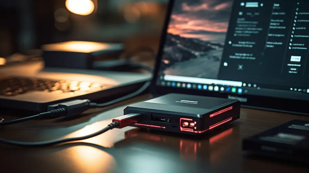 Usb harde schijf op een tafel voor een monitor