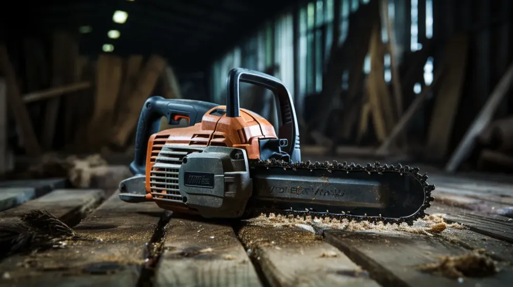 Kettingzaag op houten ondergrond