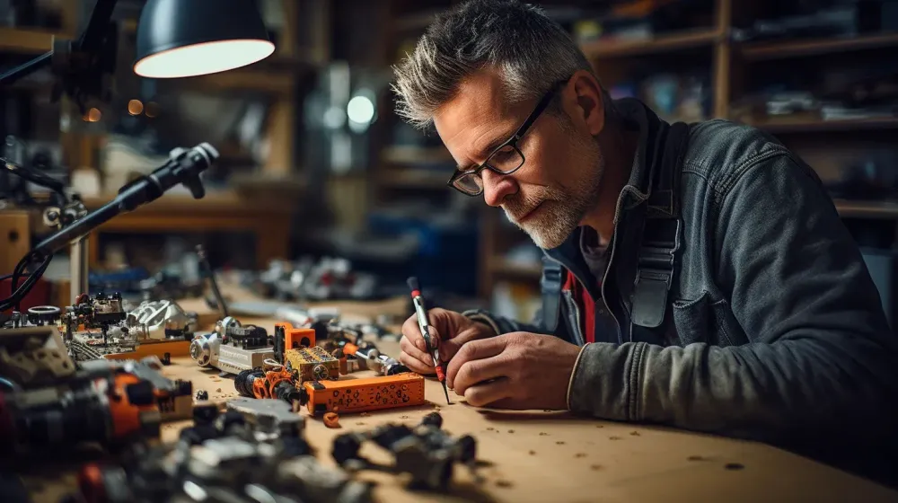 persoon zit aan tafel en werkt aan gereedschap