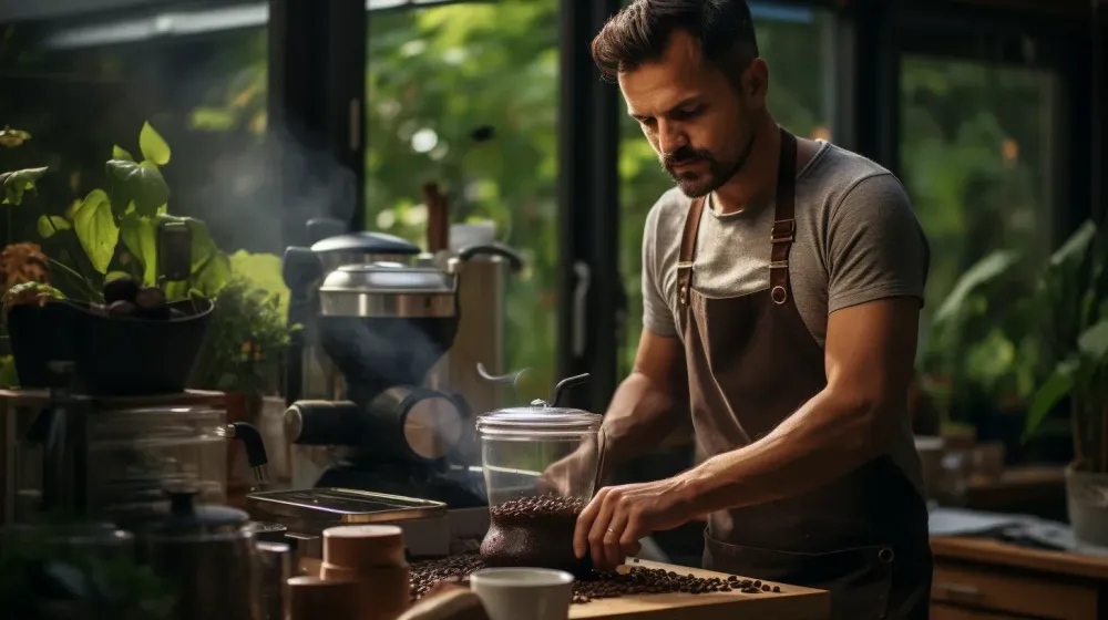 Man maakt koffie in de keuken