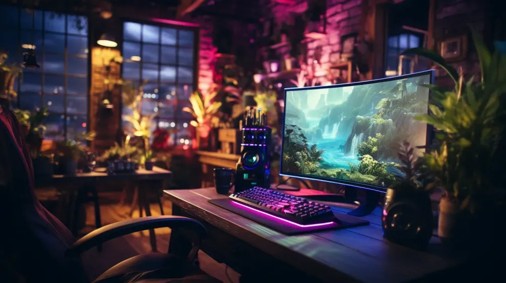 Gaming-pc op tafel, zij-aanzicht