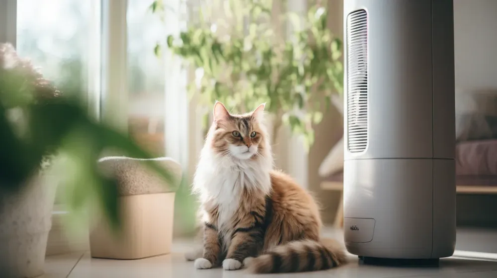 een kat zit bij een luchtreiniger in een woonkamer