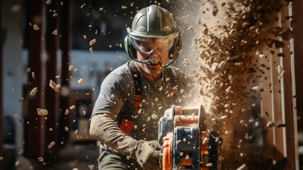 Man boort met boormachine, rondvliegende stukjes materiaal