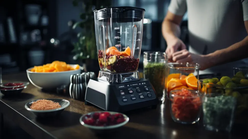 een blender met fruit staat in een moderne keuken omringt door fruit 
