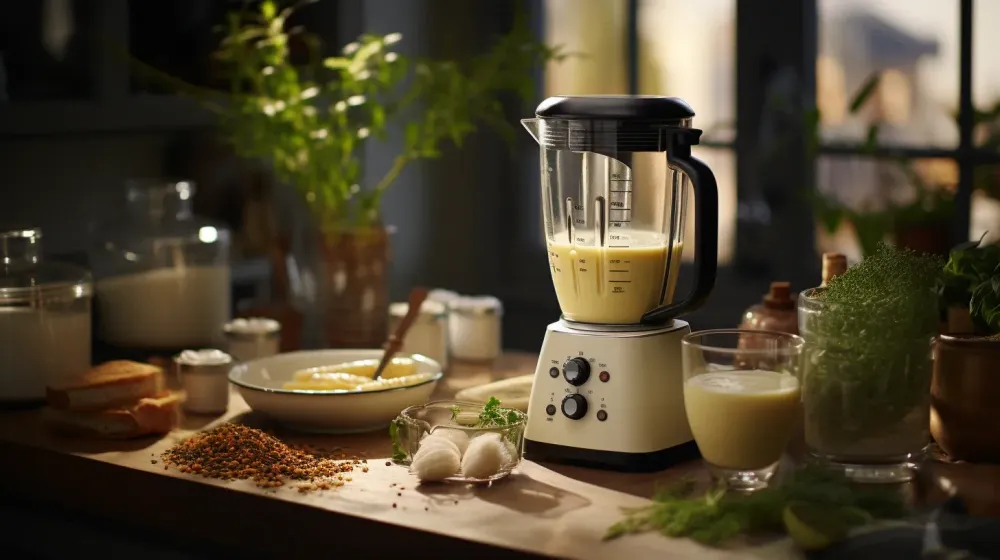 een blender met soep staat op een houten werkblad in een keuken 