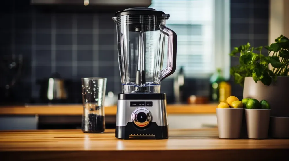 een glazen blender staat op een houten blad in een moderne keuken