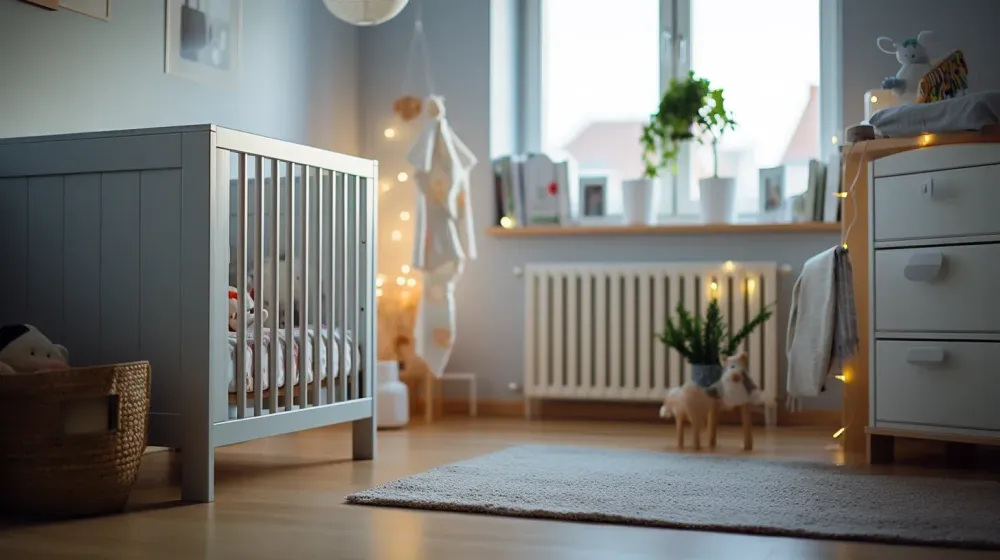Een ledikant tegen een muur aan in een kinderkamer
