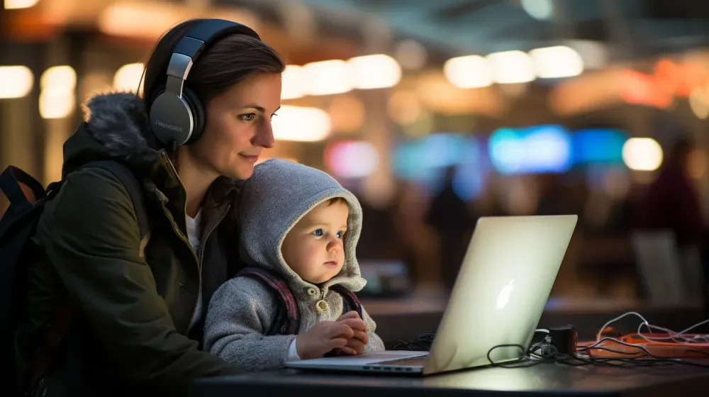een vrouw zit met baby op schoot voor een laptop in een luchthaven