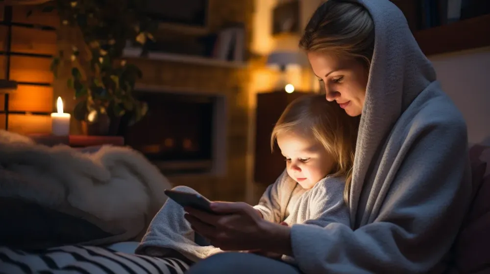 Vrouw en kindje kijken naar scherm