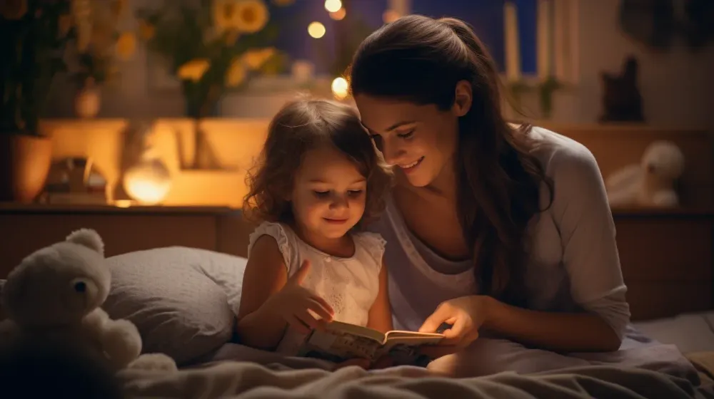 Vrouw en kind lezen boekje