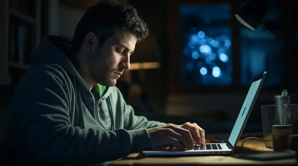 een persoon zit met zijn ogen dicht achter een laptop in een donkere kamer