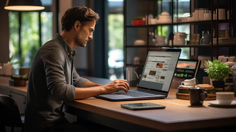 persoon in grijs overhemd zit achter een laptop aan een bar