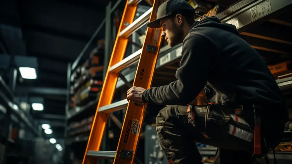 persoon staat in een magazijn bij een ladder