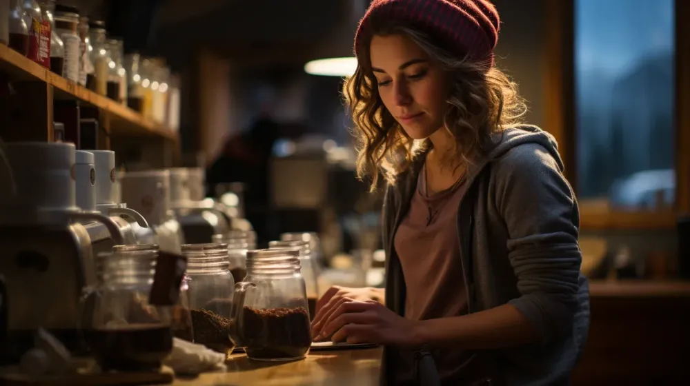 Vrouw bij koffiemachine