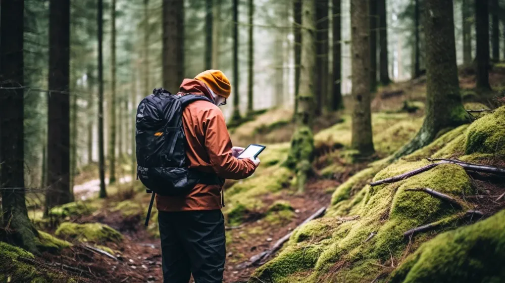 Persoon gebruikt handheld GPS in bos