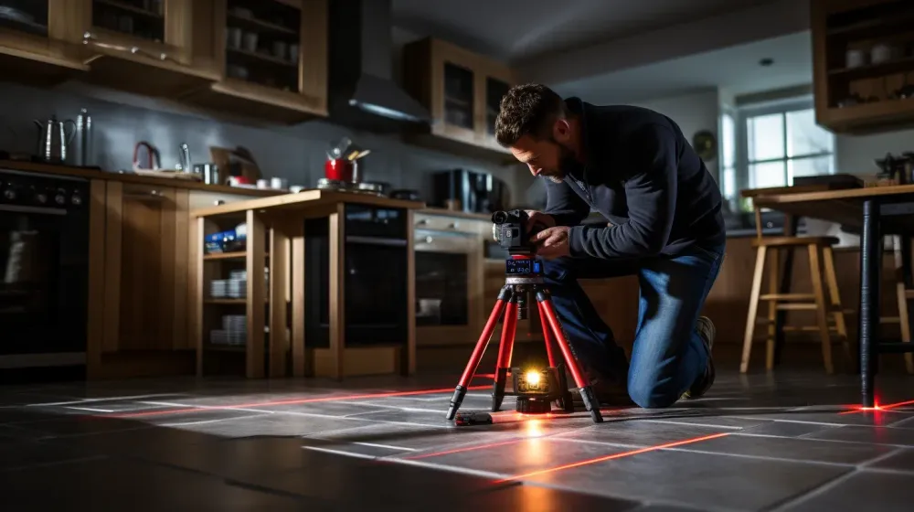 persoon staat in de keuken en gebruikt een laserwaterpas